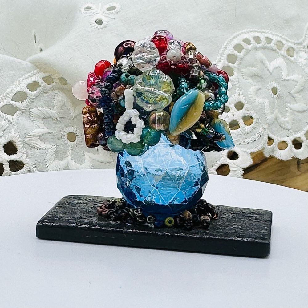 Unique Handmade “Crystal Pot” of Beaded Flowers.